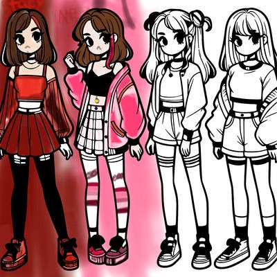 one girl with crop-top shirt and a jacket with a skirt, long socks and another girl with a shirt and pants with a jacket