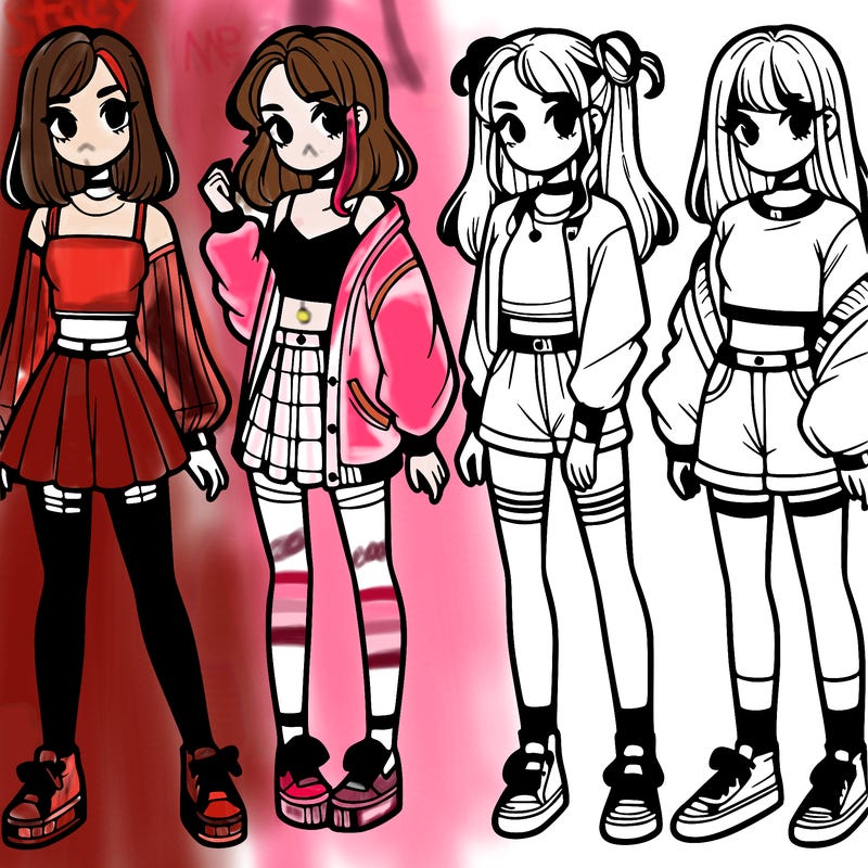 one girl with crop-top shirt and a jacket with a skirt, long socks and another girl with a shirt and pants with a jacket