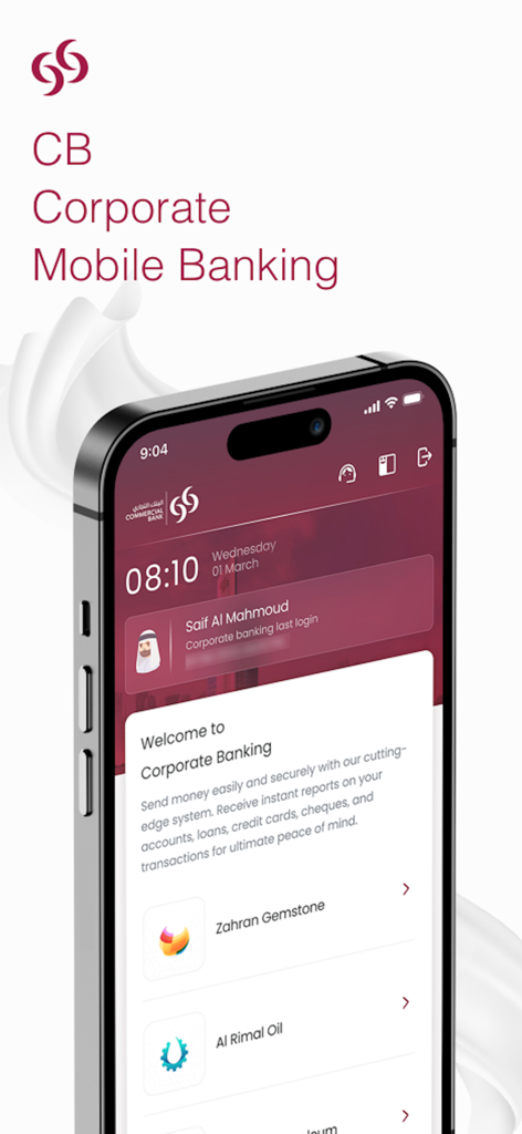 CB Corporate Banking - Welcome screen of the CB Corporate Banking mobile app displaying a corporate dashboard and business account entities.
