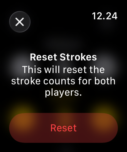 Stroke Counter for Golf - Apple Watch-Oberfläche, die eine Bestätigung zum Zurücksetzen der Schlagzahlen für zwei Spieler anzeigt.