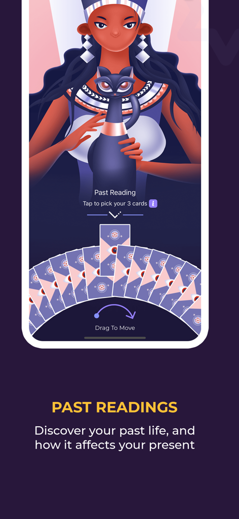Interfaz de la aplicación móvil para lecturas de vidas pasadas con tarot, con una figura psíquica ilustrada con un gato y un mazo de cartas abanicado.