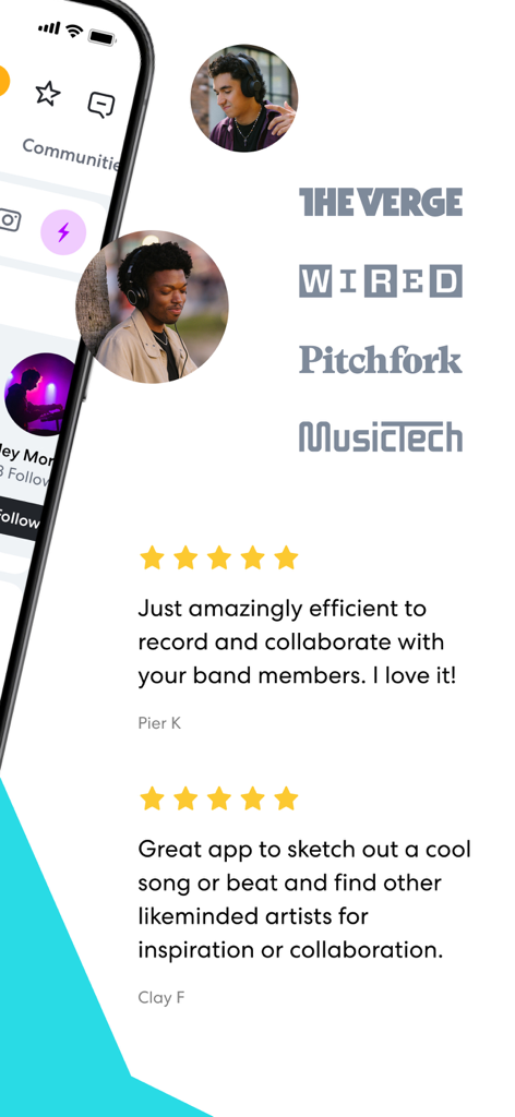 BandLab App-Benutzer-Testimonials mit Fünf-Sterne-Bewertungen und Presse-Logos von Wired und The Verge
