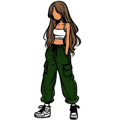girl in baggy pants crop top and long hair