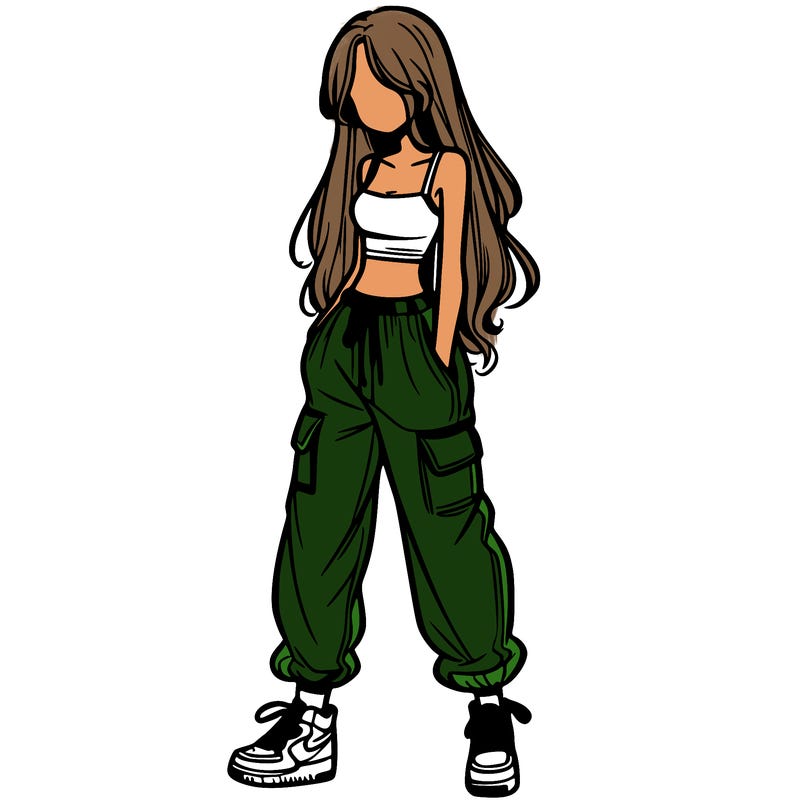 girl in baggy pants crop top and long hair