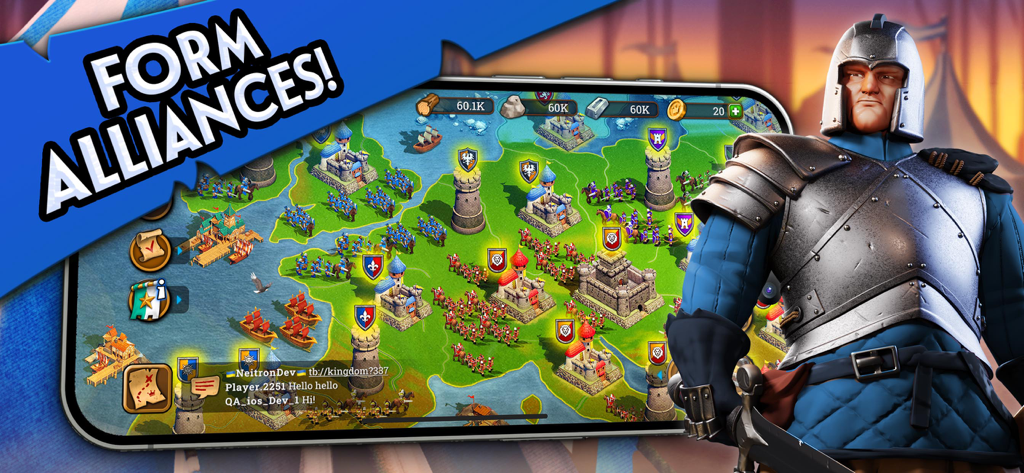 Medieval Kingdoms Castle MMO gameplay showing a strategic map with armies and a knight next to the text Form Alliances