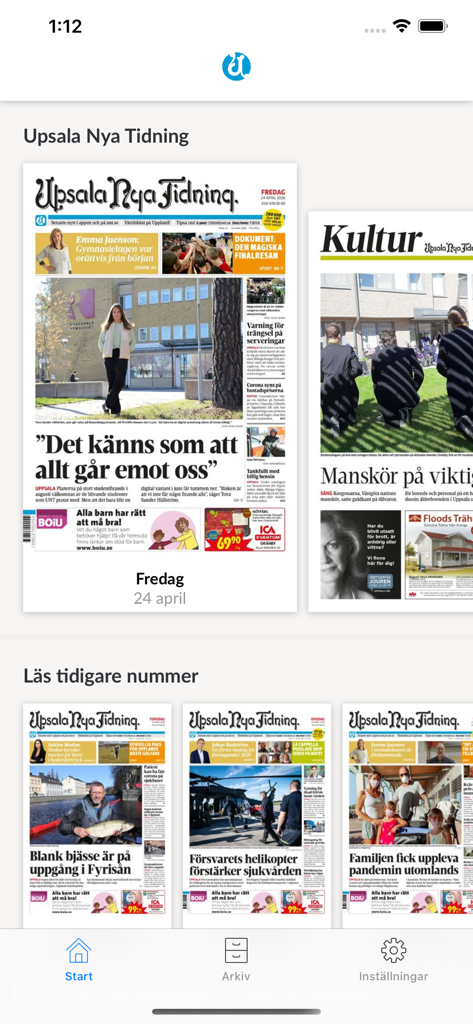 E-tidning UNT - Main screen of the E-tidning UNT app displaying digital versions of the Upsala Nya Tidning newspaper