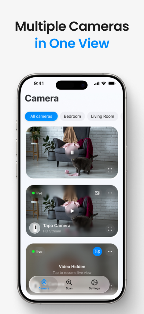 Interface de l'application de caméra de sécurité domestique montrant plusieurs flux de caméras en direct dans une seule vue sur un iPhone