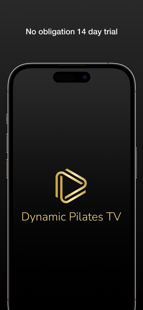 Splash screen dell'app Dynamic Pilates TV che mostra il logo dorato e l'offerta di prova gratuita di 14 giorni