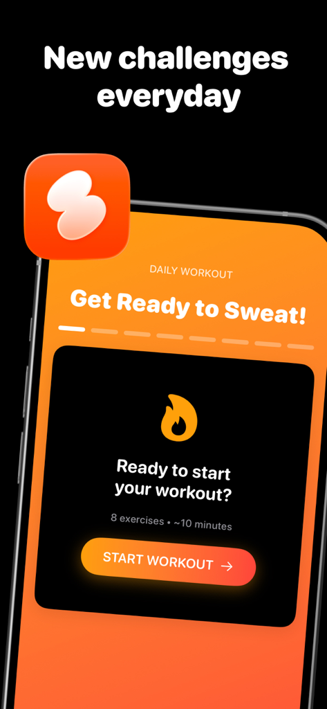 Daily8 app interface showing a 10 minute workout session start screen with orange and black theme