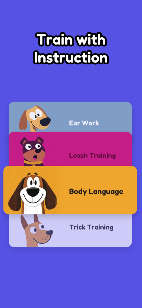Dog Whistle & Clicker App - Interfaz de la aplicación Silbato para Perros que muestra categorías de instrucciones de entrenamiento como entrenamiento con correa y entrenamiento de trucos