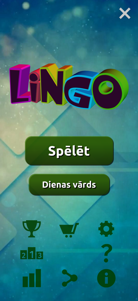 Vecais Labais Lingo - Pantalla del menú principal de la aplicación móvil Vecais Labais Lingo con el colorido logo de Lingo y botones de menú en letón.