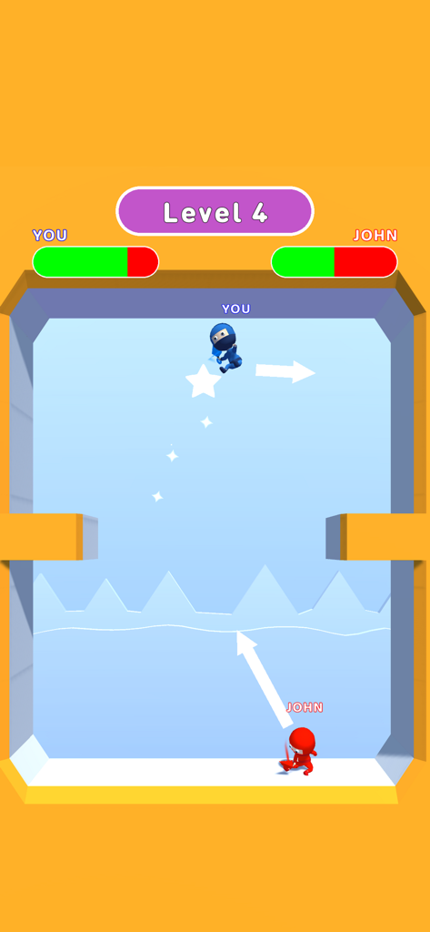 Mobile game screenshot of Ninja Battle showing a 1v1 fight between a blue ninja and a red ninja