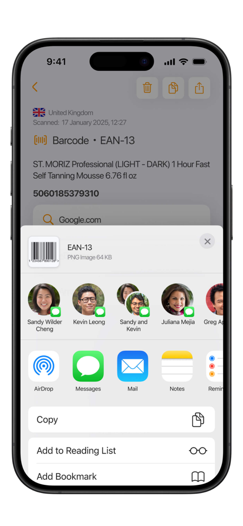 iPhone screen showing the iOS share sheet to export a scanned EAN-13 barcode