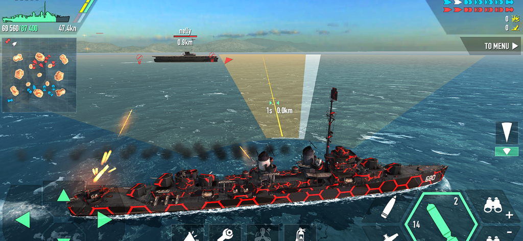 Battle of Warships: Naval Wars - A warship with a custom red and black pattern navigating the sea in a naval combat mission