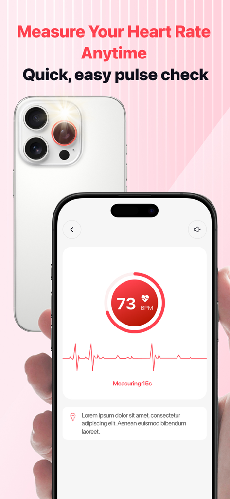 HeartSnap app interface on an iPhone showing a real-time heart rate measurement of 73 BPM.