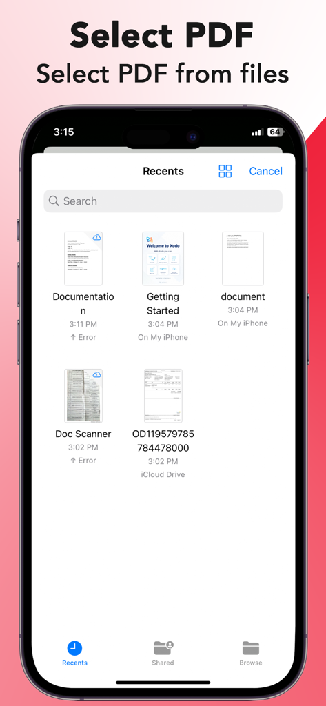 Screen showing recent PDF files ready for selection in the PDF Reader app on iPhone.