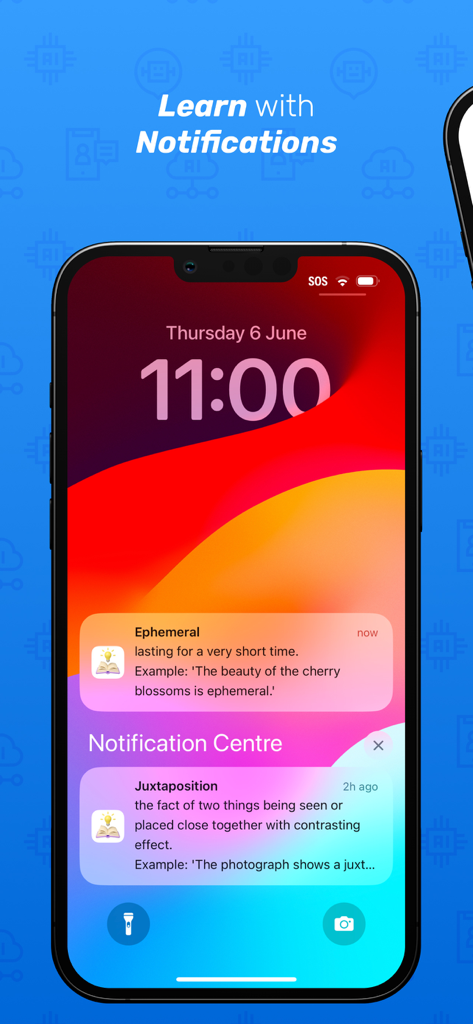 Vocabulary AI - Vocab Builder - Blocco schermo dell'iPhone che mostra notifiche di parole di vocabolario dall'app Vocabulary AI.