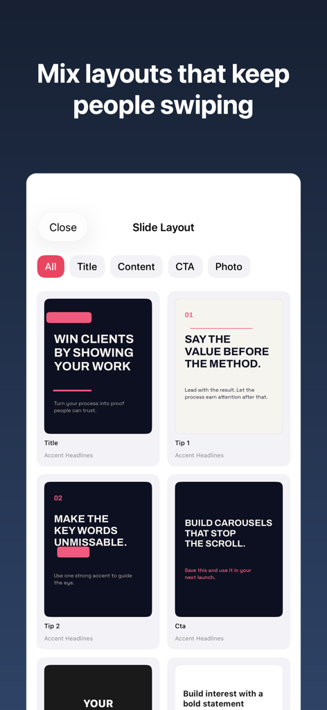 Carousel: AI Posts for Insta - Oberfläche der Carousel-App, die verschiedene Folienlayout-Vorlagen zeigt, einschließlich Titelfolien und Inhalts-Tipps für Instagram-Posts.