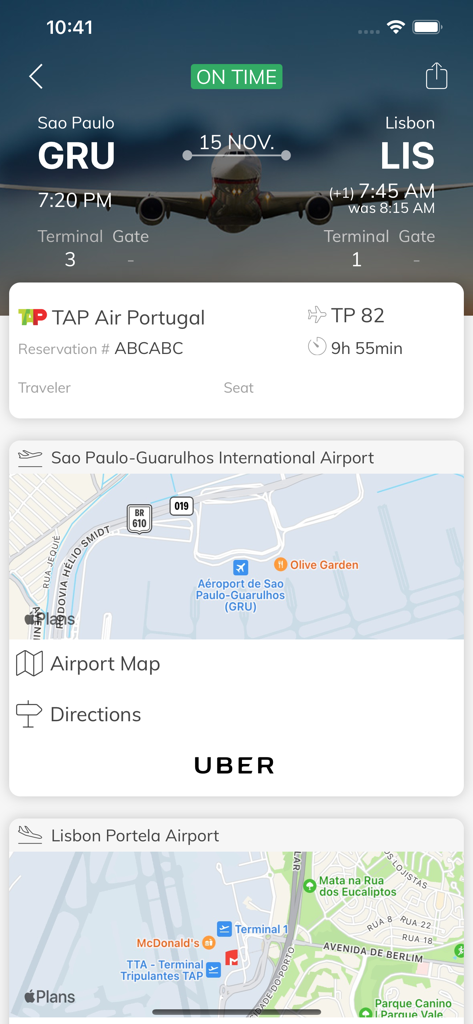 Meu Agente - Meu Agente app flight itinerary with airport maps and status