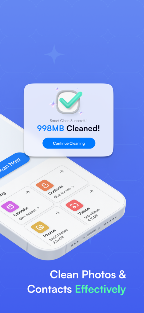 Clean Phone Storage Now - iPhone app interface displaying a success message after cleaning nearly one gigabyte of storage space