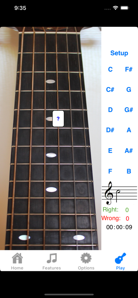 Guitar Fretboard Addict - Quiz-Oberfläche der Guitar Fretboard Addict App mit einem Gitarrenhals und Notenauswahl-Schaltflächen