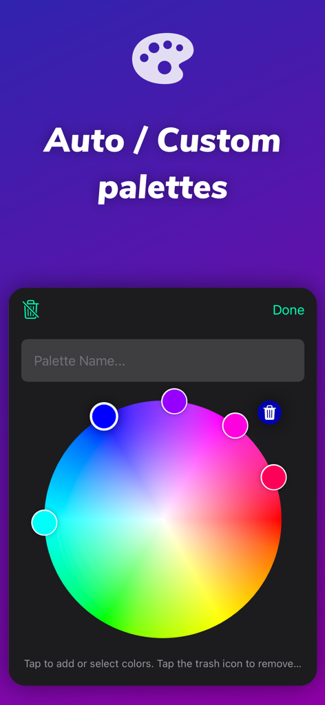 iLightShow for Philips Hue - Interface of the iLightShow app showing a custom color palette editor with an interactive color wheel