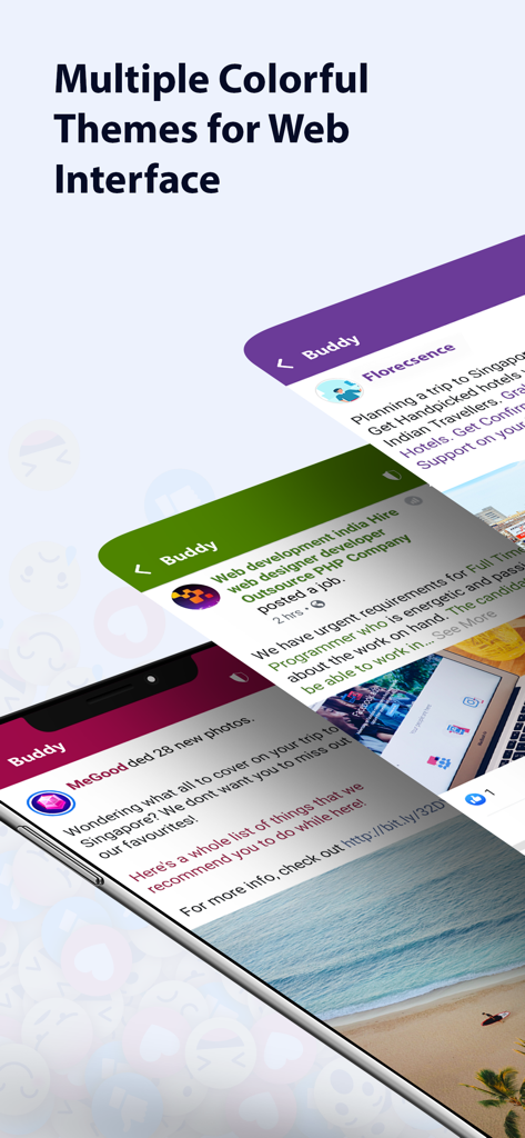 Mehrere bunte Oberflächen-Themes für die Buddy Social Networking App, angezeigt auf Smartphones