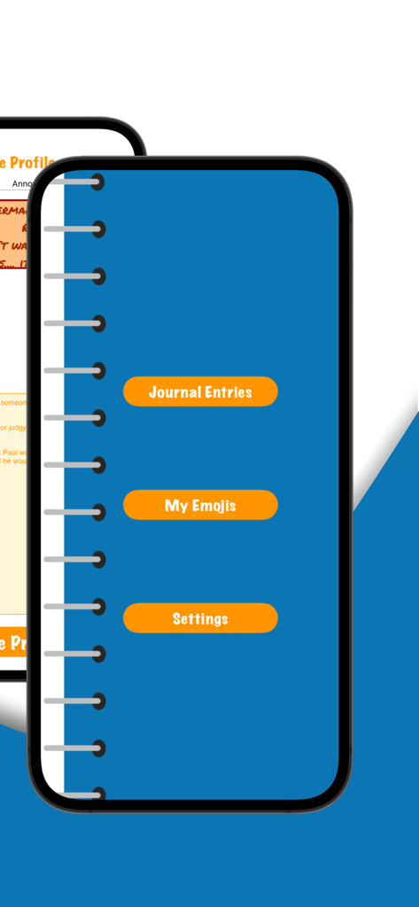 Emoji Journal - Main menu of the Emoji Journal app showing navigation buttons for journal entries my emojis and settings