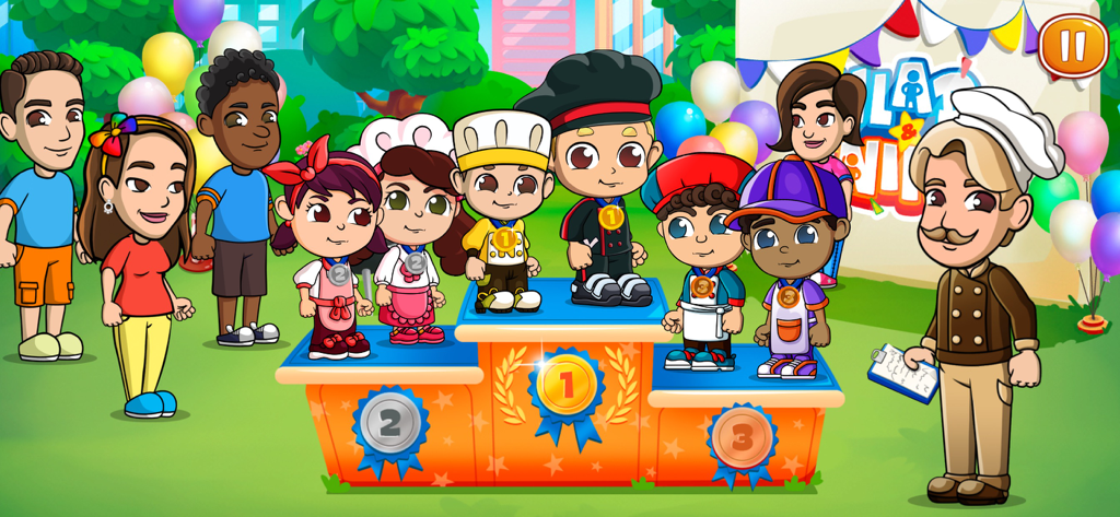 Animated characters from Vlad and Niki Cafe Game celebrating on a cooking competition podium