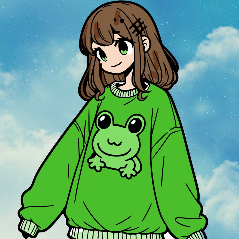 girl wearing frogging sweatshirt