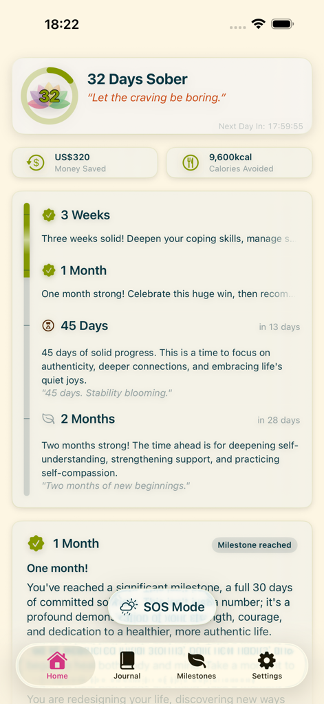 Simple Sober Tracker - Dashboard of the Simple Sober Tracker app showing sobriety days, financial savings, and milestone progress.