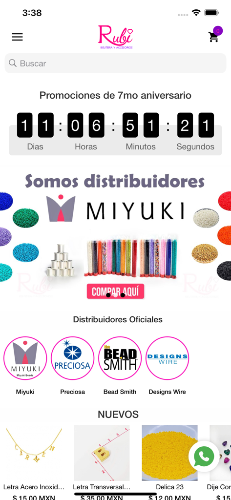 Accesorios Rubi - Mobile App-Oberfläche von Accesorios Rubi mit Schmuckherstellungsmaterialien und offiziellen Distributormarken wie Miyuki und Preciosa.