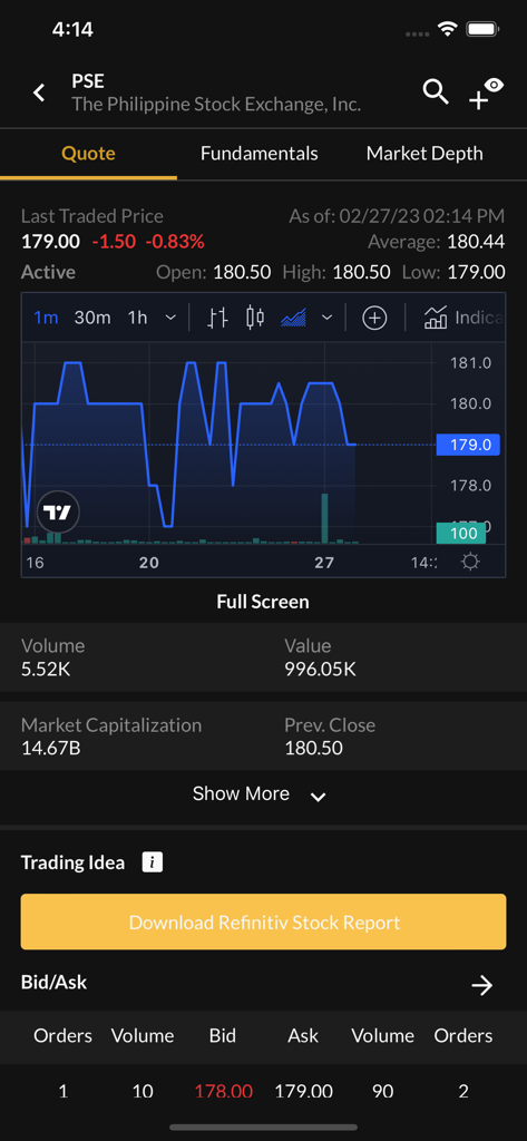PSE EQUIPアプリのスクリーンショット。価格チャート、市場出来高、資本金データを含むリアルタイム株価表示画面が表示されています