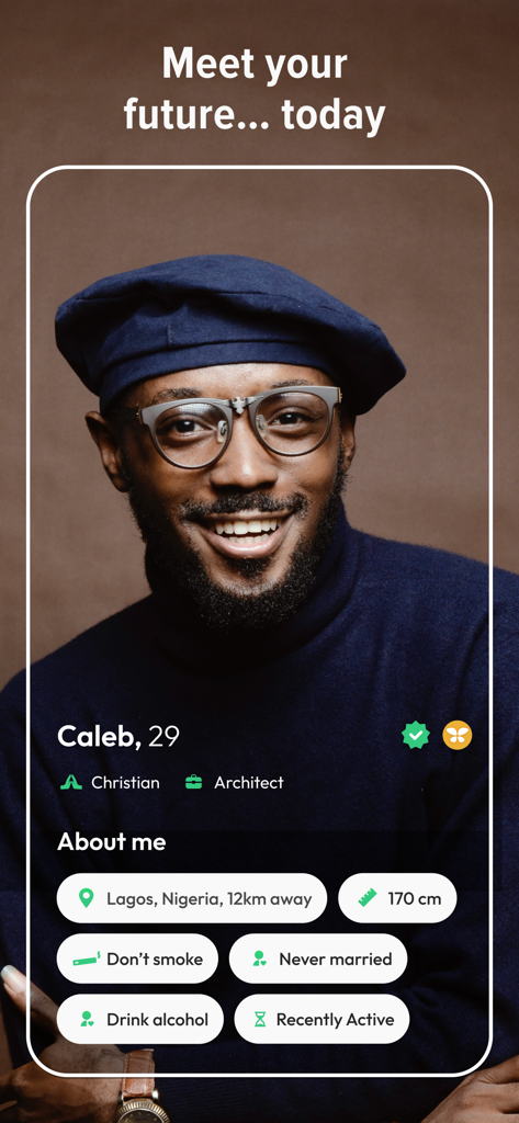 Trueflutter: African Dating - Profile of a 29-year-old male user on the Trueflutter African Dating app showing his profession as an architect and location in Lagos