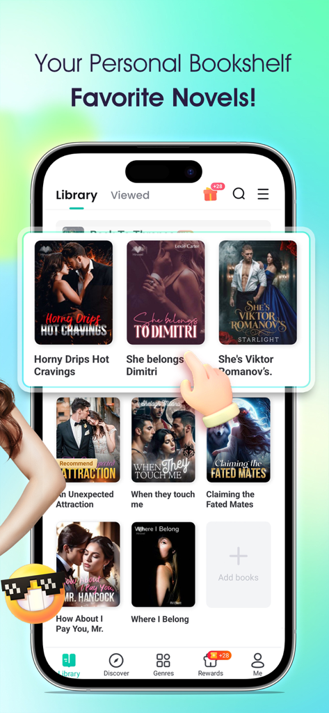 Hinovel app screen showing a personal bookshelf with various romance and werewolf novel covers