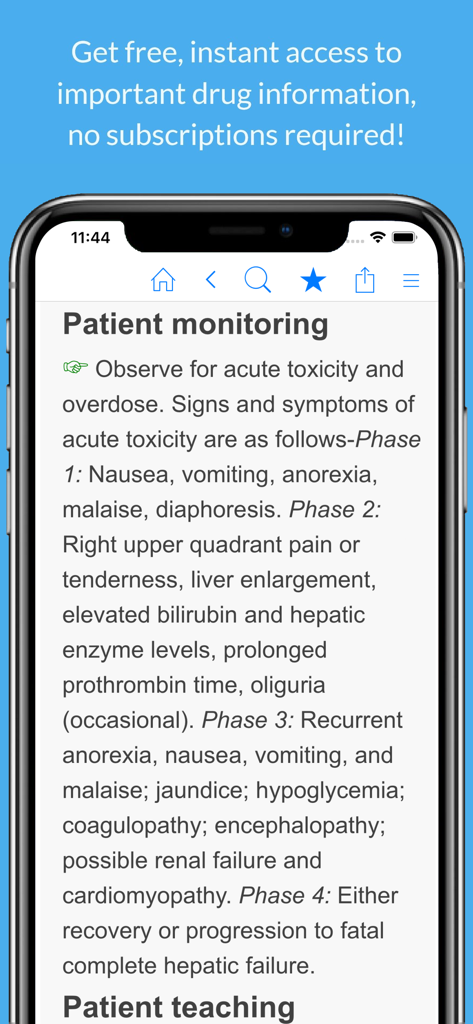 Medicine Dictionary - Medicine Dictionary app displaying a detailed patient monitoring section for drug toxicity on a smartphone screen.