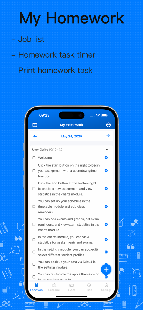 My Homework & Exam Assistant - Screenshot of the My Homework and Exam Assistant app interface showing task management features and a user guide