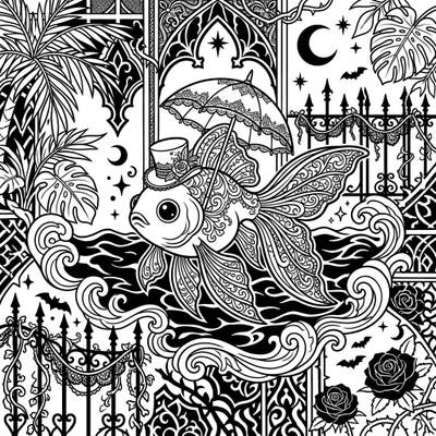 Unleash your creativity with this striking coloring page featuring a goldfish enjoying a summer scene with a unique gothic twist. Explore intricate Victorian lace patterns and dark botanical elements for a truly unique coloring experience.