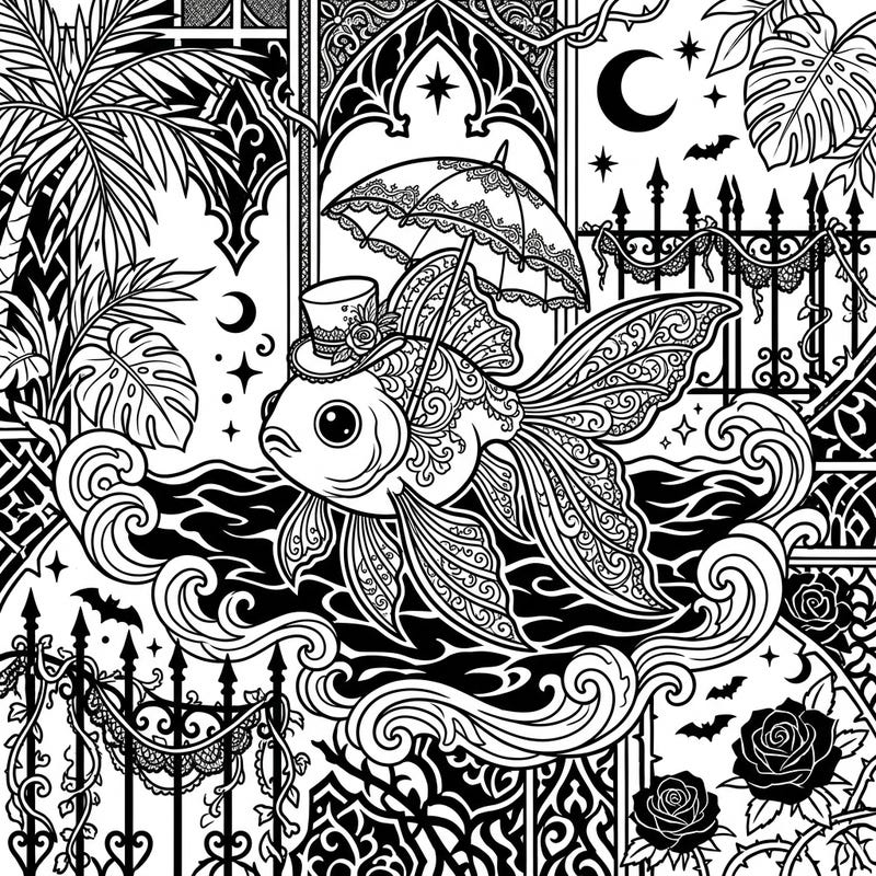 Unleash your creativity with this striking coloring page featuring a goldfish enjoying a summer scene with a unique gothic twist. Explore intricate Victorian lace patterns and dark botanical elements for a truly unique coloring experience.