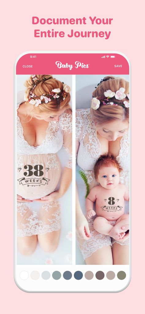 A split screen comparison showing a pregnancy milestone at 38 weeks and a baby milestone at 8 weeks in the Baby Pics app.