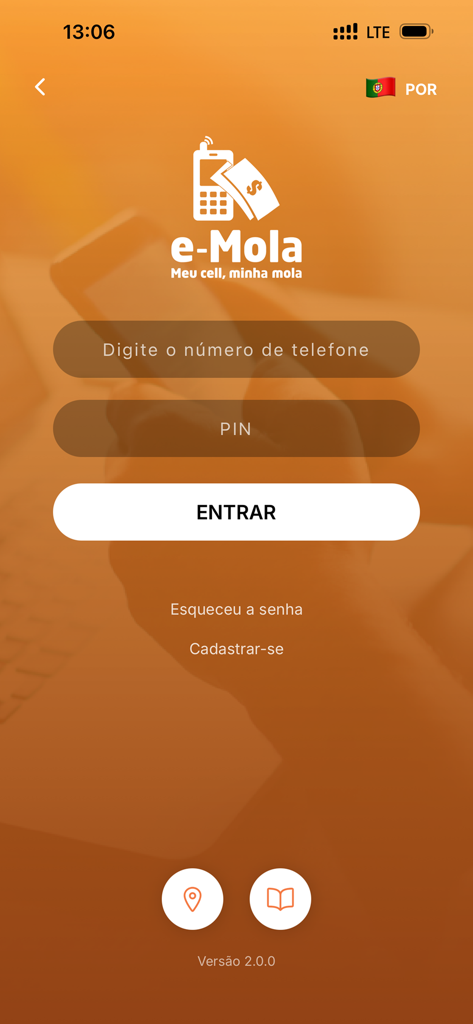 Login screen of the e-Mola mobile financial management app in Portuguese.
