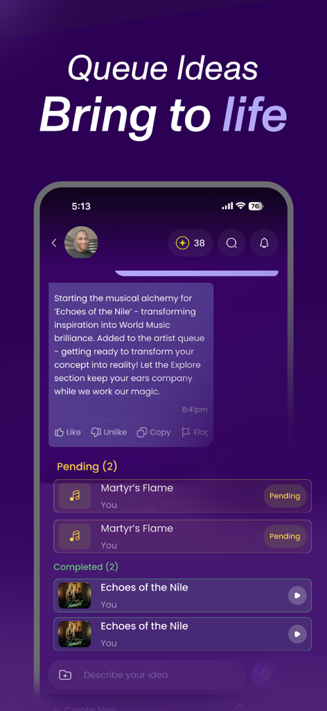 Song GPT AI Song & Music Maker - Interface of the Song GPT app showing a queue of pending and completed AI music tracks.