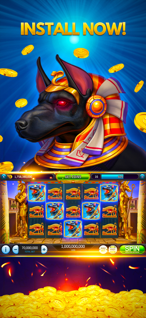Max Win Casino Slots Game - Egyptian Anubis themed slot machine gameplay with a billion coin jackpot display