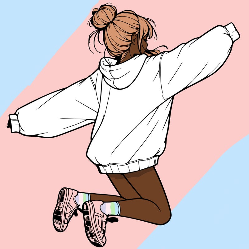 realistic girl jumping with a bun and oversized sweatshirt