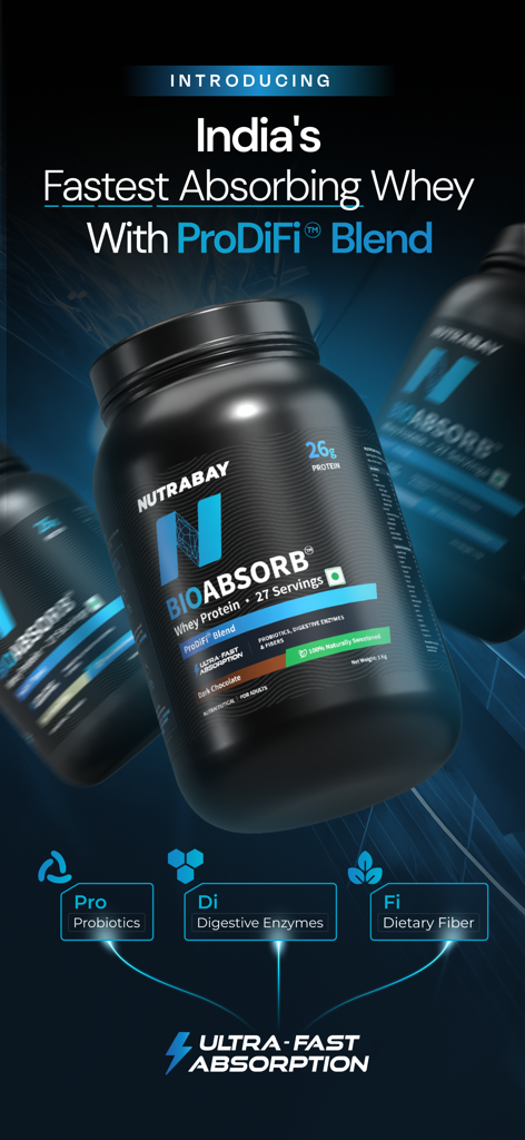 Nutrabay: Shop Supplements - Nutrabay Bioabsorb Whey Protein tub with ProDiFi blend for ultra fast absorption and 26g protein