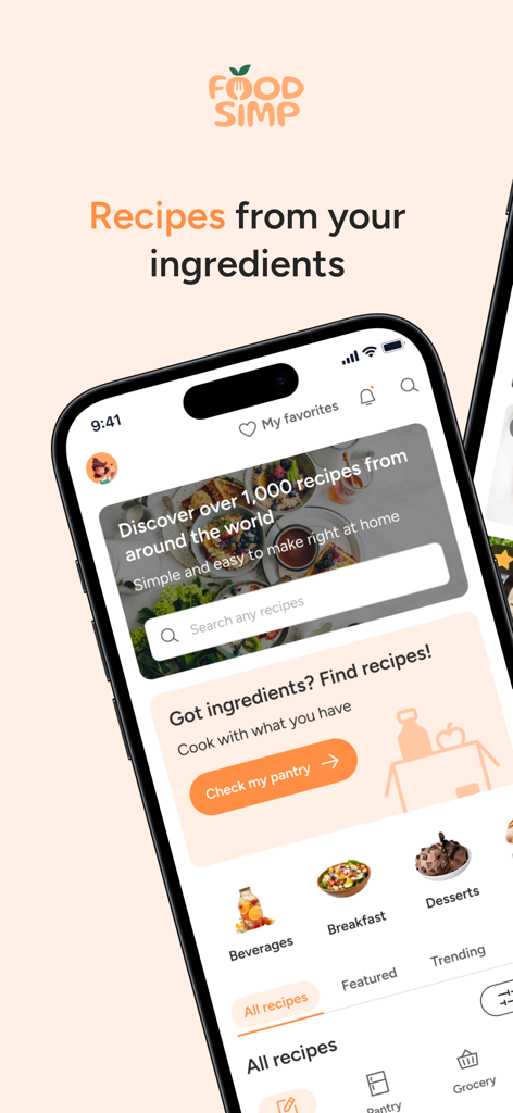 Food Simp: Cook by Ingredients - Food Simp mobile app interface displaying recipe search by available pantry ingredients.