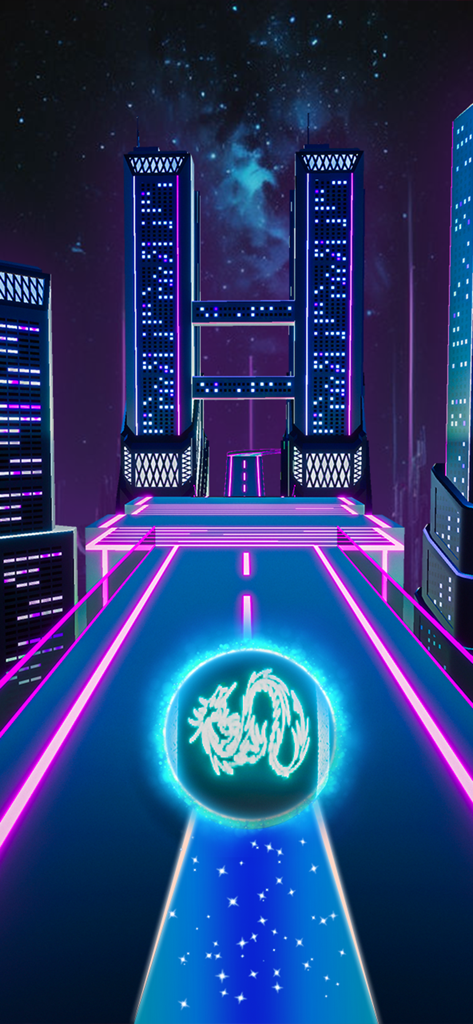 A glowing dragon ball racing on a neon track in a futuristic city environment