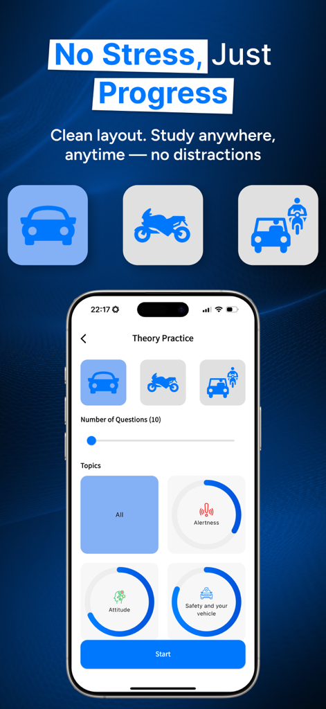 Theory Test Hero UK 2026 - Theory Practice interface showing vehicle selection and study topics in the Theory Test Hero UK 2026 app
