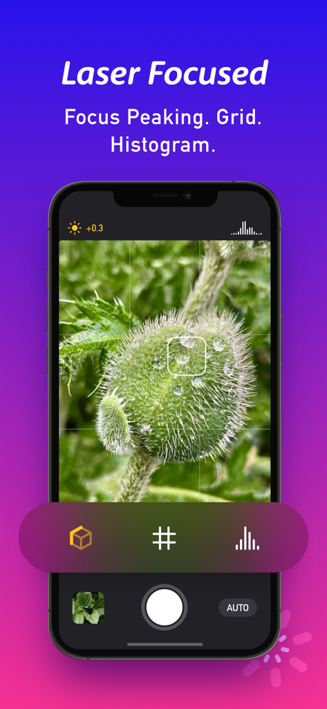 A smartphone screen displaying the Macro by Camera+ app with focus peaking and grid tools active on a close up photo of a plant.