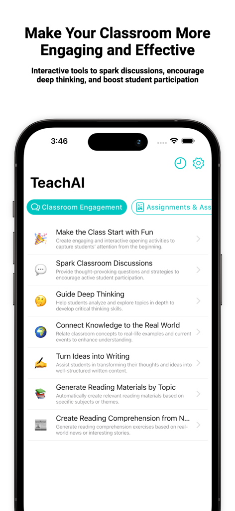 TeachAI: AI Teaching Assistant - Interfaz de la aplicación TeachAI que muestra herramientas interactivas para discusiones en el aula y actividades de lecciones.